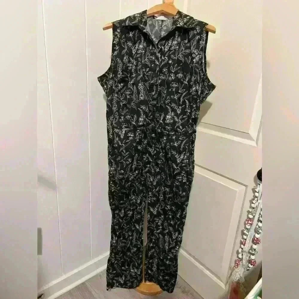 Thakoon Collective $340 Black Floral Hawaiian‎ Tropical Wide Leg Jumpsuit Black